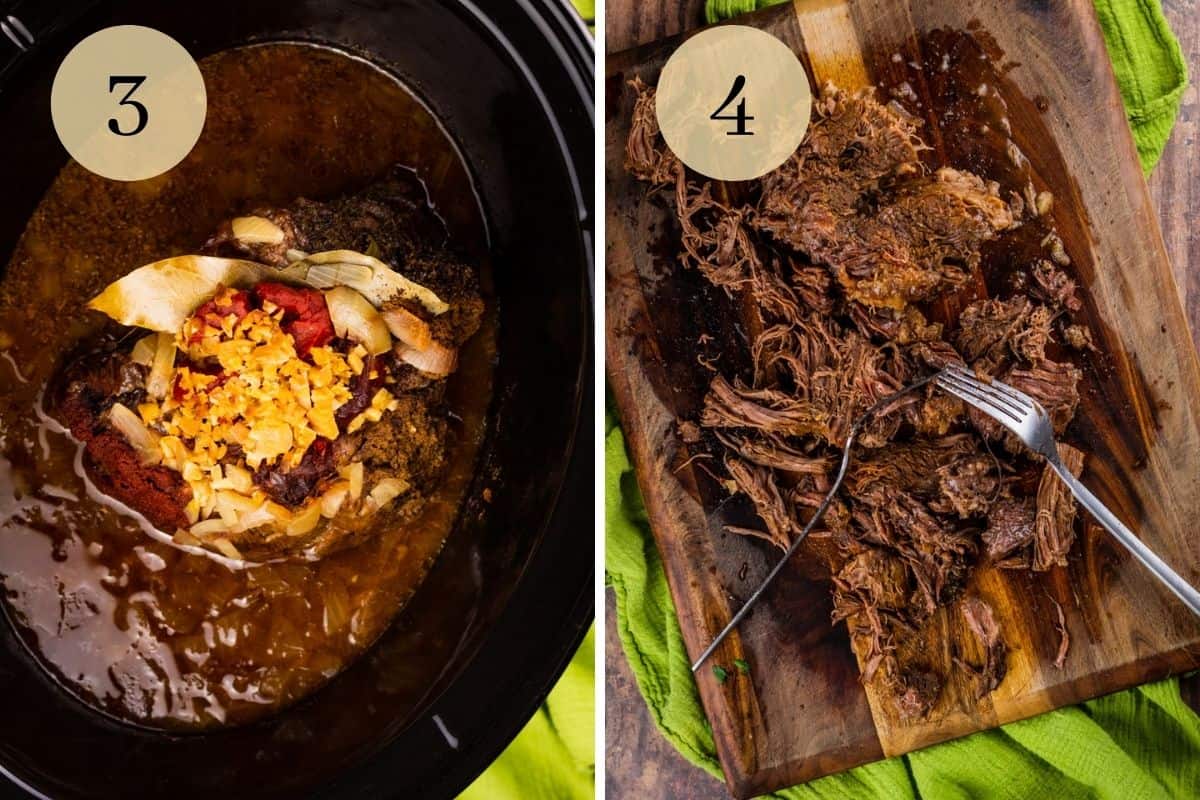 cooked beef roast in a slow cooker and shredded on a cutting board with two forks