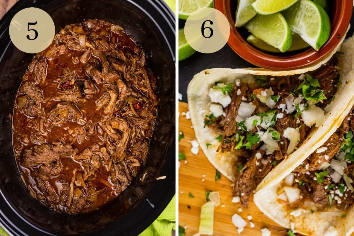 shredded barbacoa beef in a slow cooker and on corn tortillas with cheese, onions and cilantro