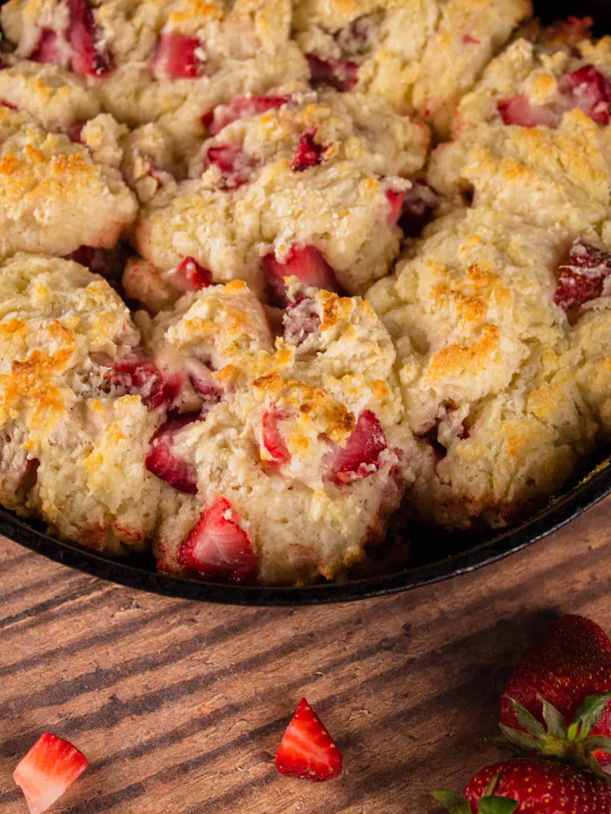 strawberry biscuits in a cast iron skillet
