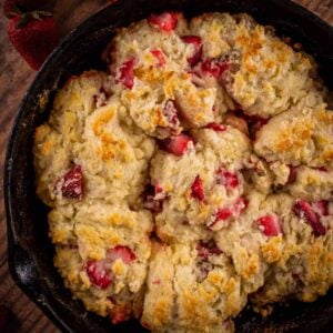 strawberry drop biscuits in a cast iron skillet