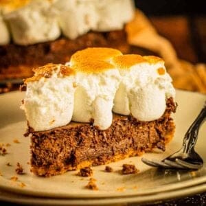 slice of chocolate cheesecake topped with toasted marshmallows