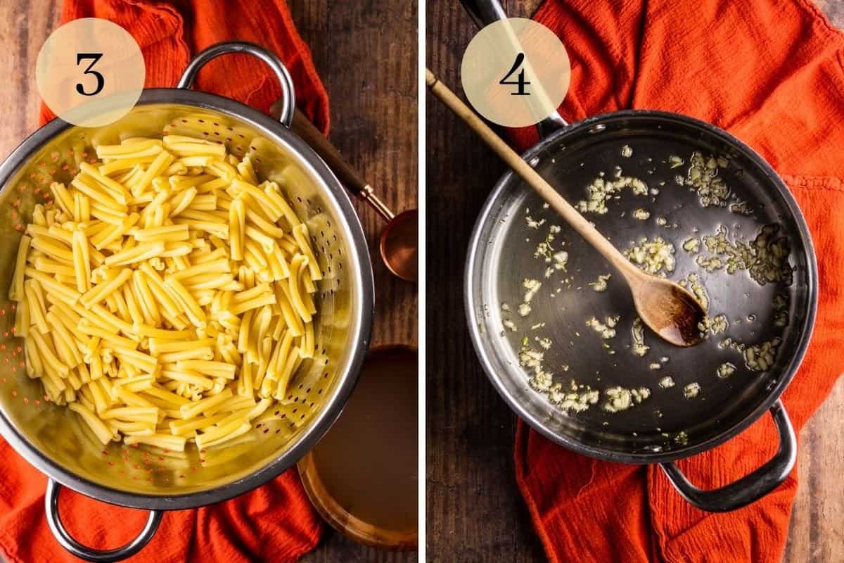 cooked and drained casarecce pasta in strainer and garlic cooking in a skillet with wooden spoon