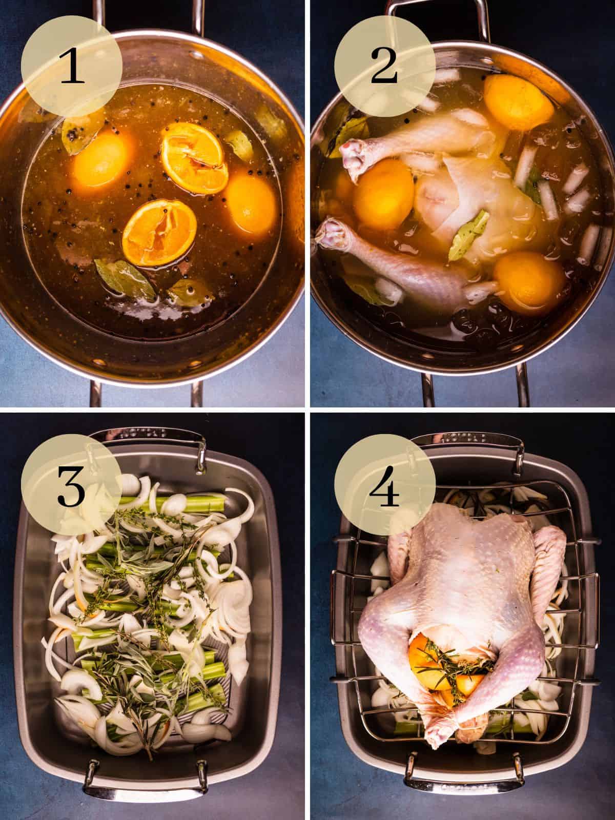 turkey brine in pot, turkey in brine, onions and herbs in pan, turkey in roasting pan.
