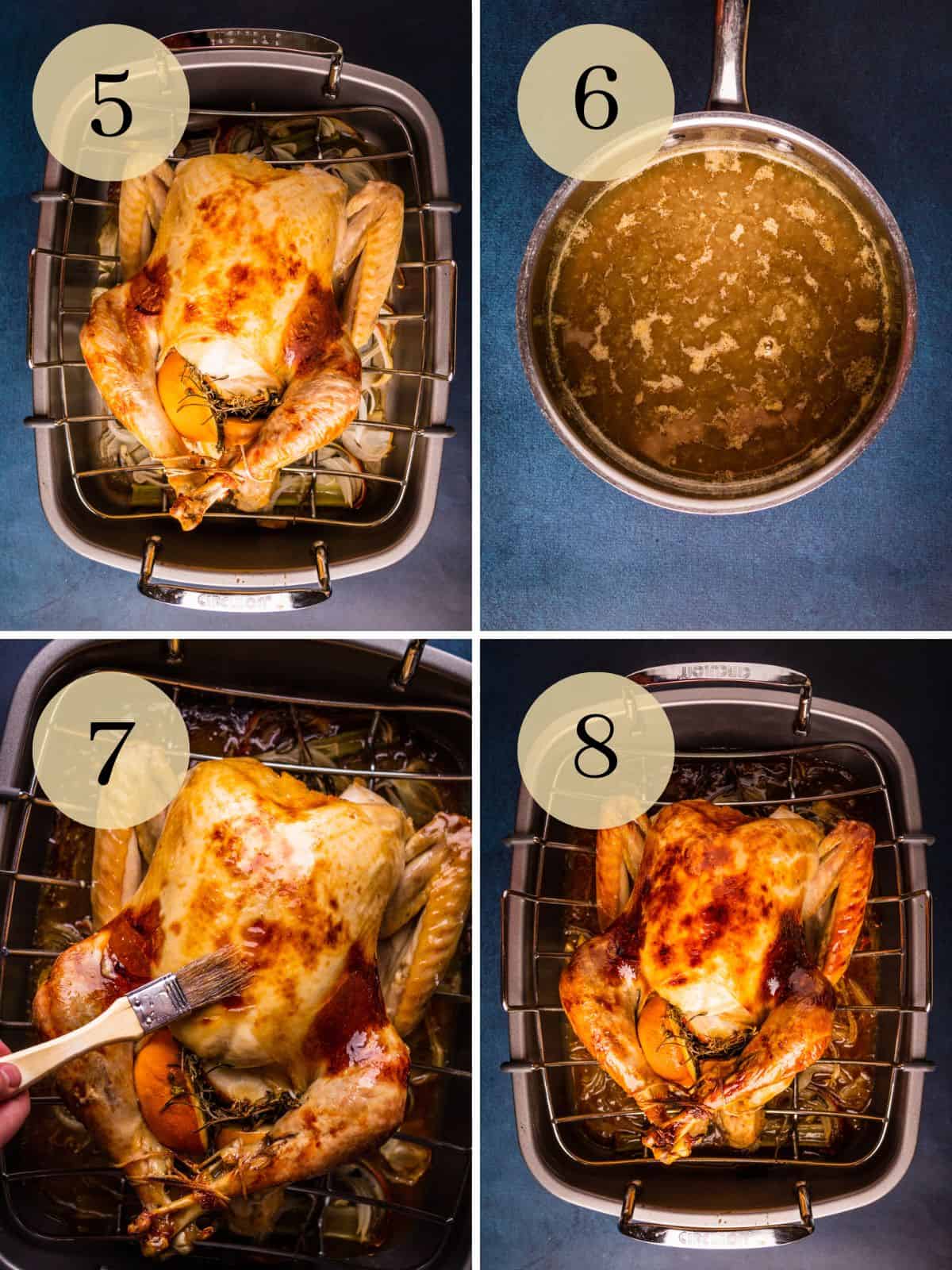 partially roasted turkey, maple glaze in a pot, brushing glaze on turkey and finished turkey.