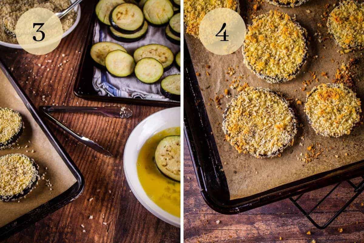 eggplant in eggs and breadcrumbs for breading and then breaded on a sheet pan for baking
