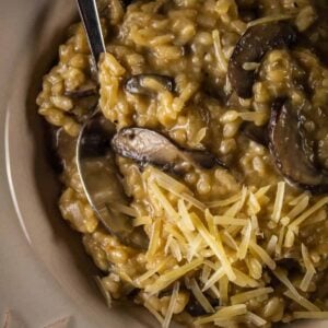 bowl of risotto with mushrooms and parmesan cheese
