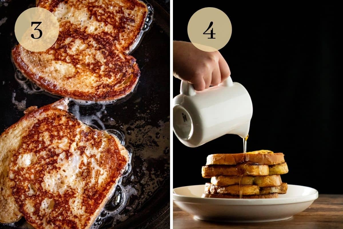 french toast cooking in a pan in butter and stacked with syrup being poured over it