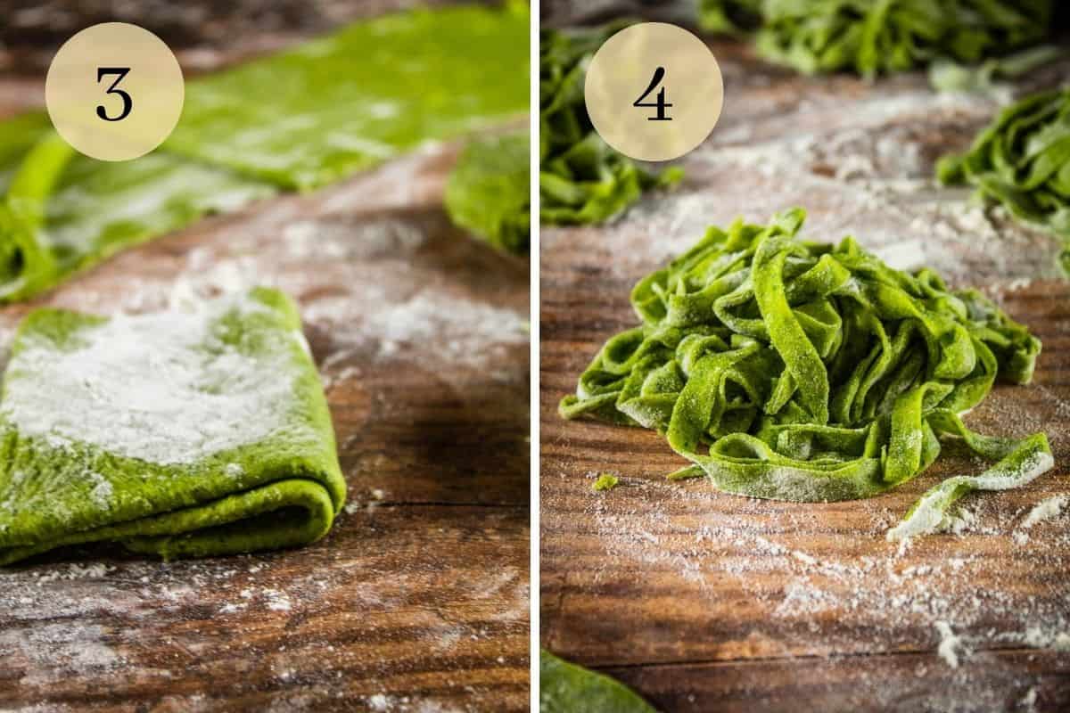 spinach pasta dough sheets on a table and dough cut into fettuccine noodles