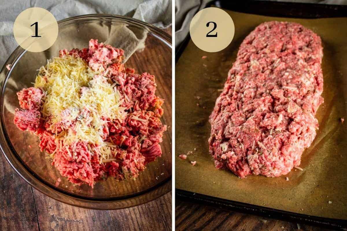 ground meat, cheese and spices in a bowl and unbaked meatloaf mixture on a sheet pan