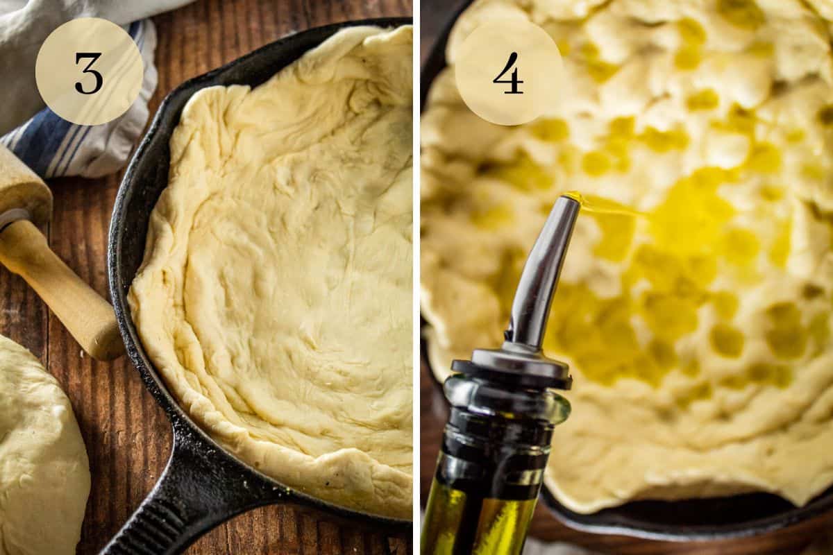 pizza dough in a cast iron skillet and oil being poured on pizza crust.
