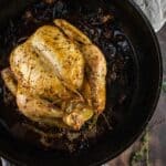 roasted whole chicken in a cast iron skillet