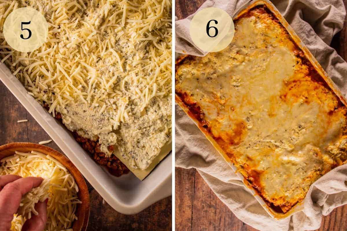 unbaked lasagna with ricotta and parmesan cheese on top and freshly baked lasagna in a pan