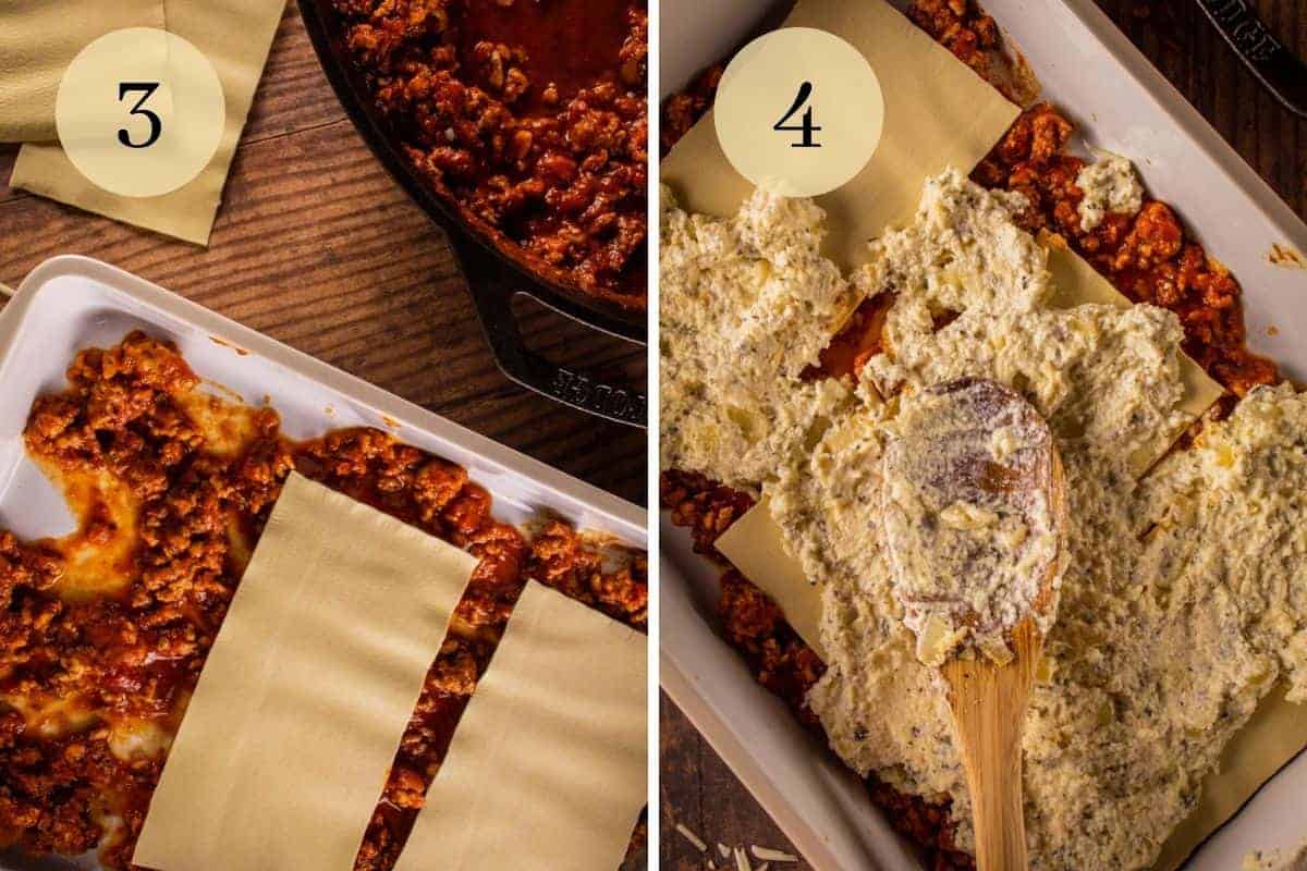 oven ready lasagna noodles on meat sauce in a pan and spoon spreading ricotta on noodles