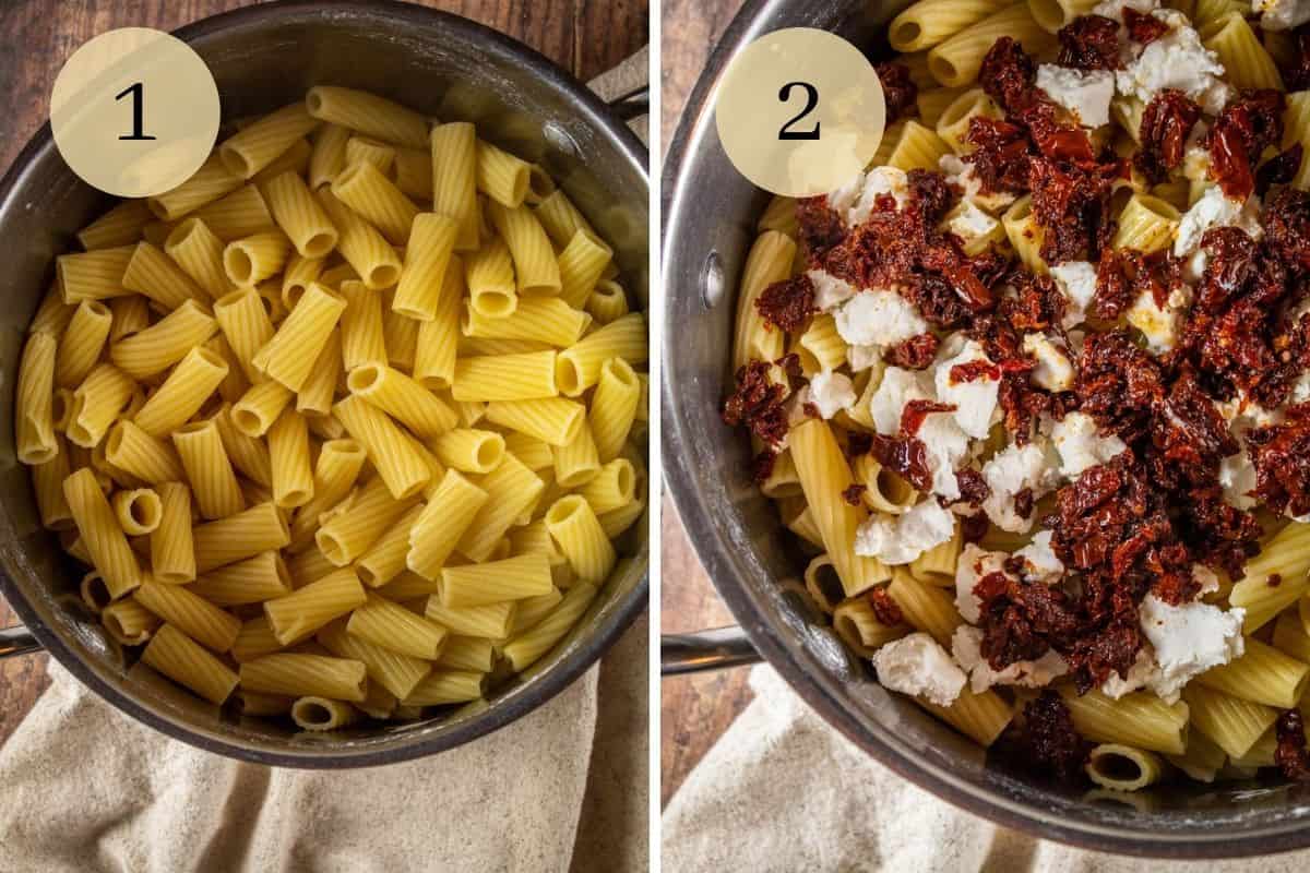 cooked rigatoni pasta in a pot and sundried tomatoes and goat cheese on the rigatoni pasta