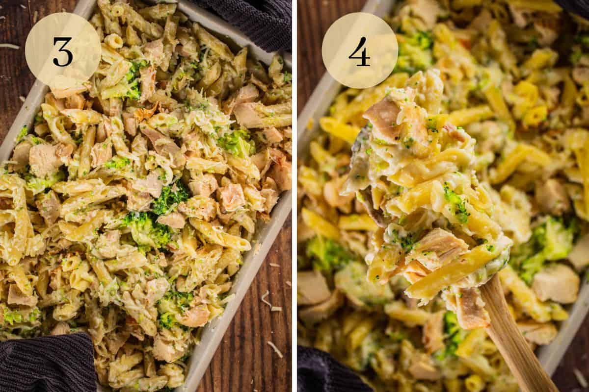 chicken, broccoli, pasta and cheese in a dish before and after baking.