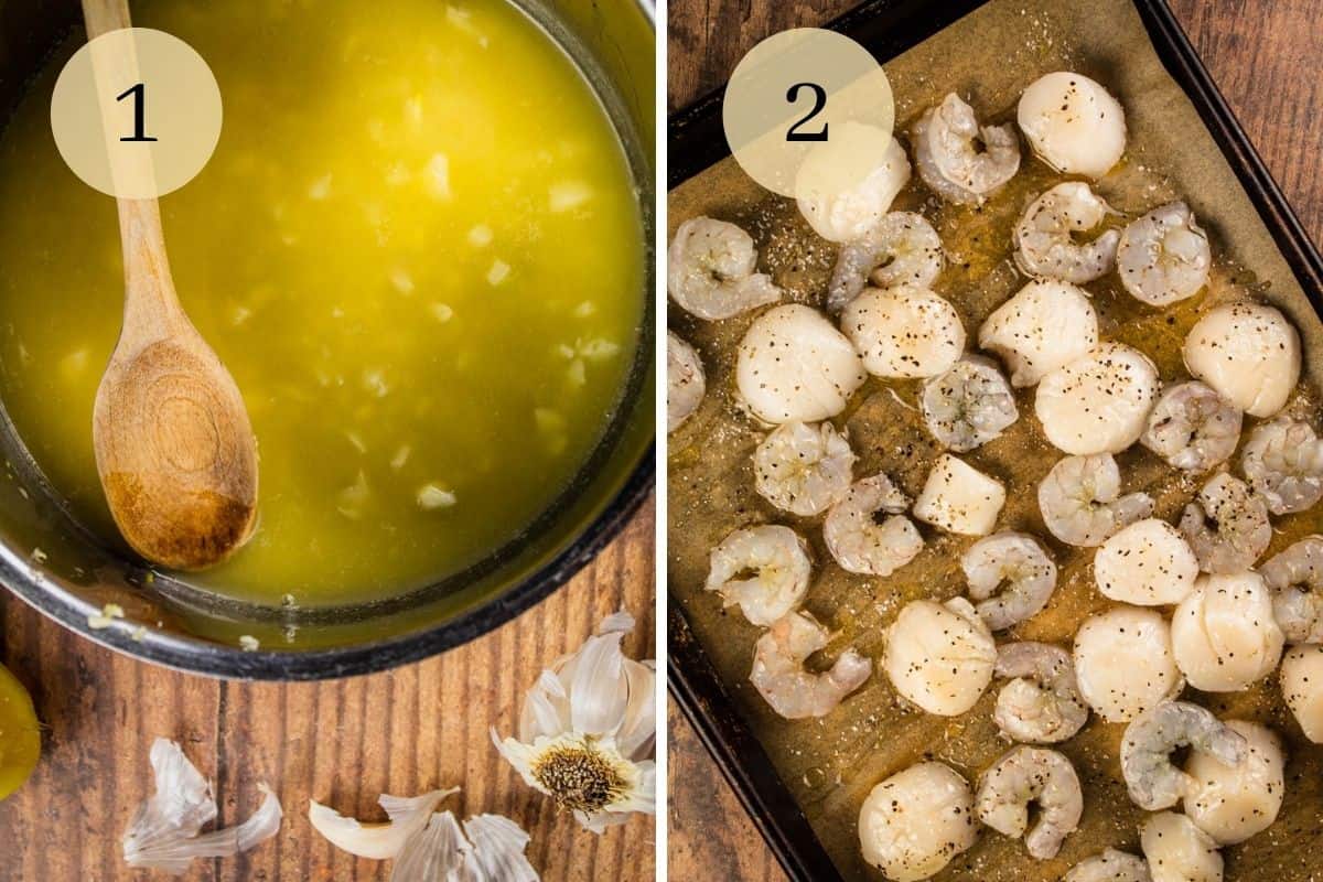 melted butter garlic sauce for scampi and raw shrimp and scallops on a sheet pan