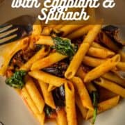 penne pasta with eggplant and spinach on a plate with a fork.