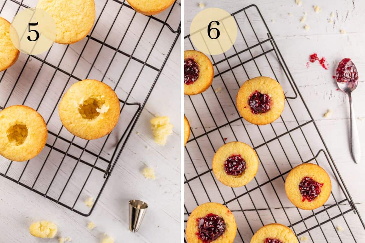 cupcakes on a cooling rack with centers removed and then filled with jam.