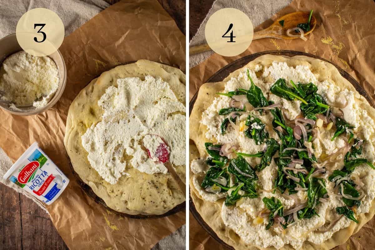 spreading pizza crust with ricotta cheese and then spinach and red onion on top on the ricotta