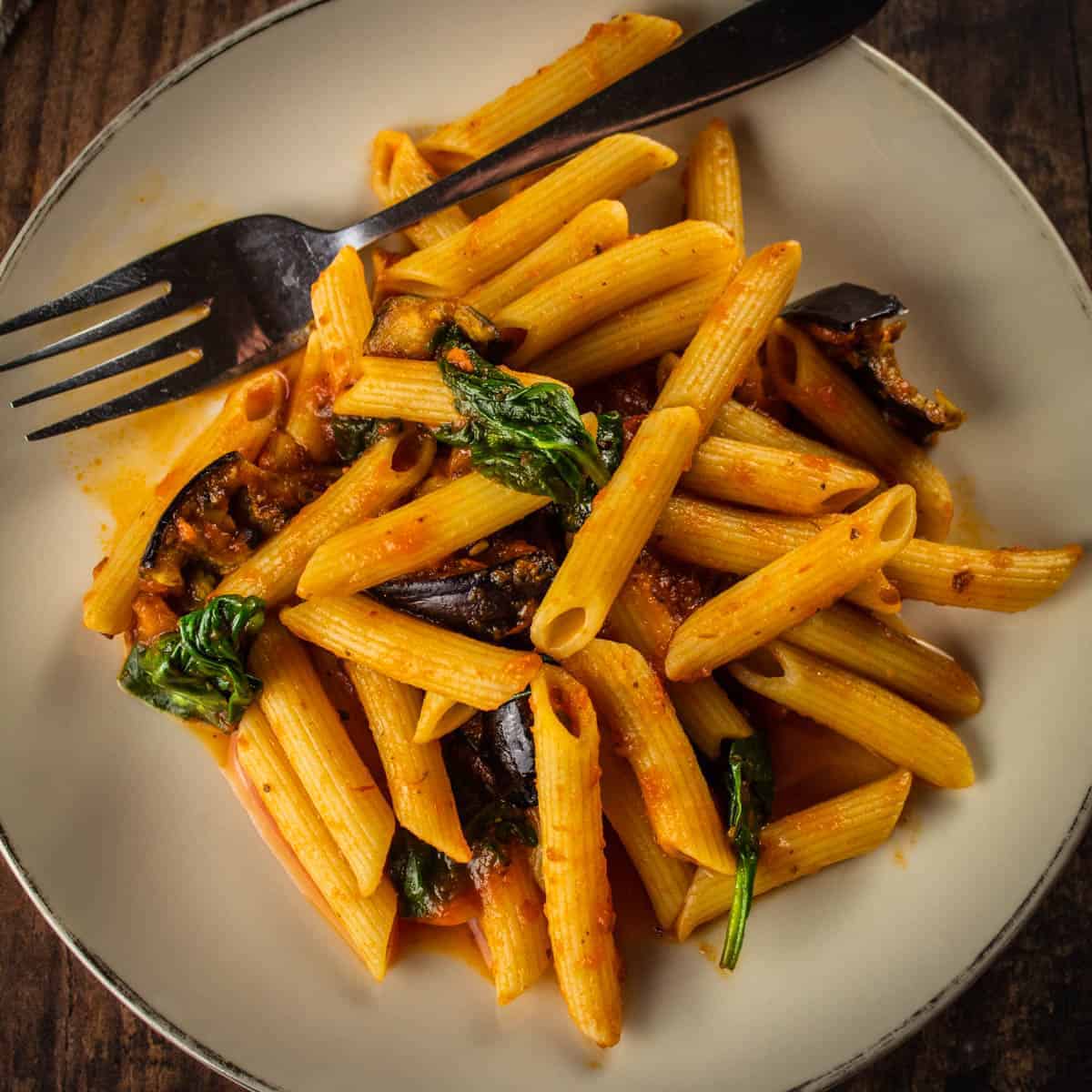 plate of penne pasta with marinara, spinach and roasted eggplant