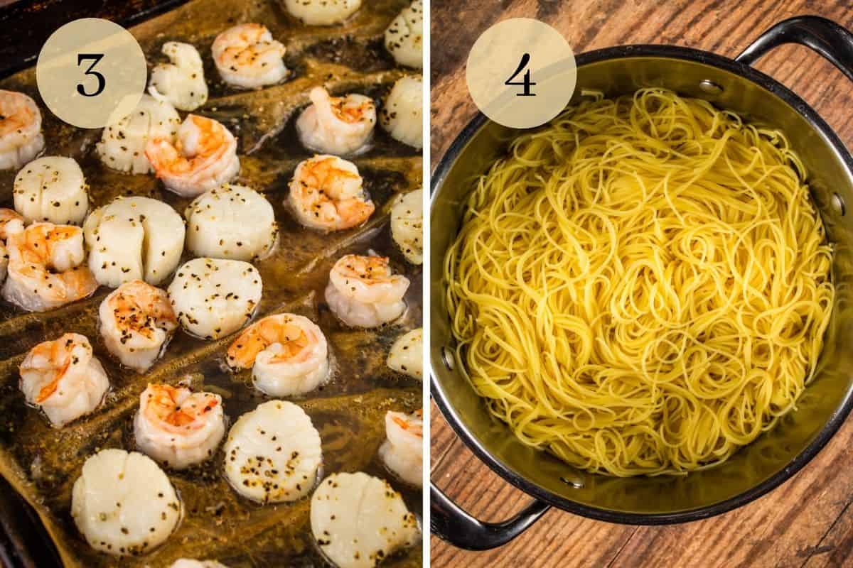roasted shrimp and scallops on a sheet pan and cooked angel hair pasta in a pot
