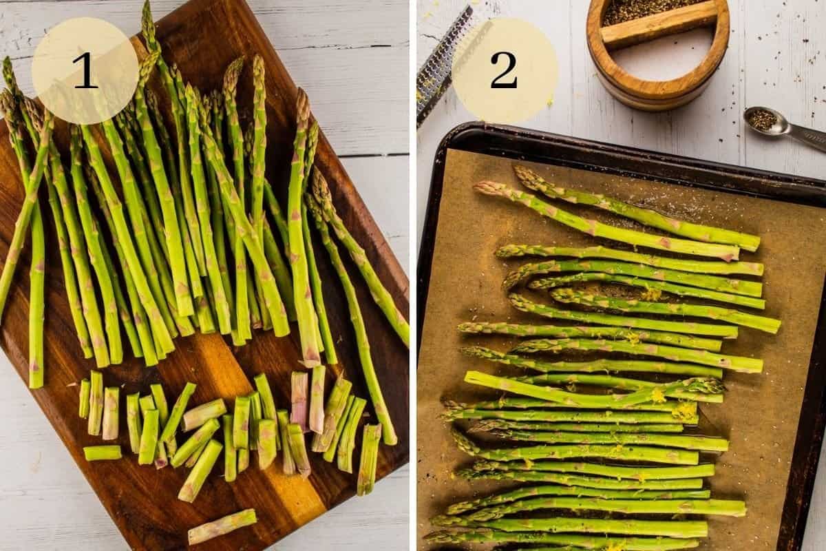 asparagus with bottoms cut off and seasoned asparagus on a sheet pan for roasting