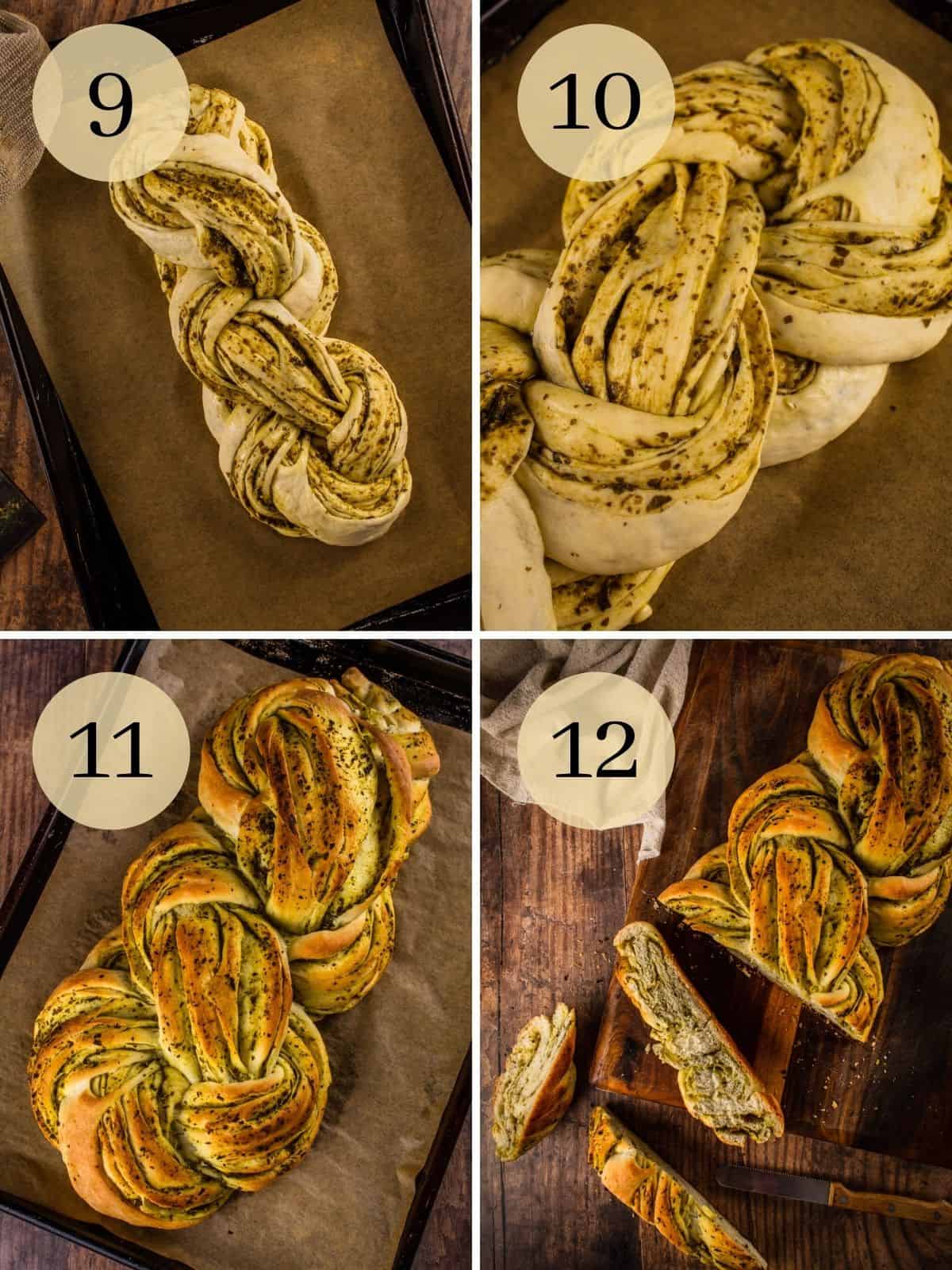 braided bread with pesto, risen braided pesto bread, baked loaf and sliced loaf of pesto bread