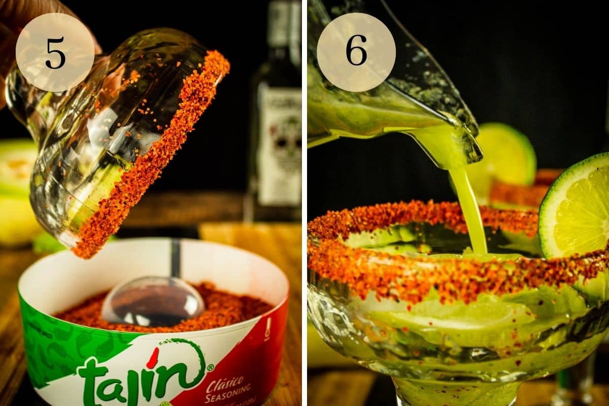margarita glass dipped in taijn and honeydew spicy margarita mix being poured into a glass.
