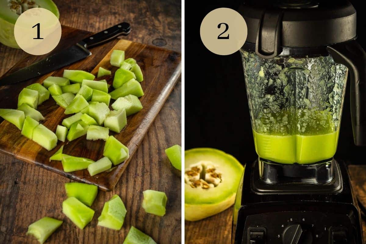 chopped honeydew on a cutting board and blended into a puree in a blender.