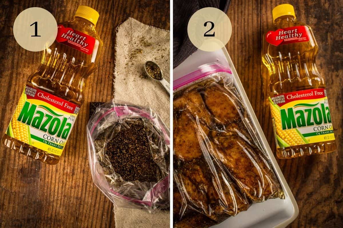 Bag filled with marinade with a bottle of oil next to it and chicken in marinade.