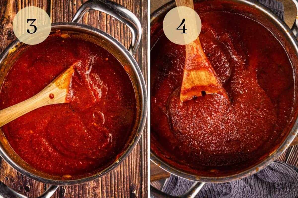 barbecue sauce ingredients in a pot with wooden spoon and cooked barbecue sauce in a pot.