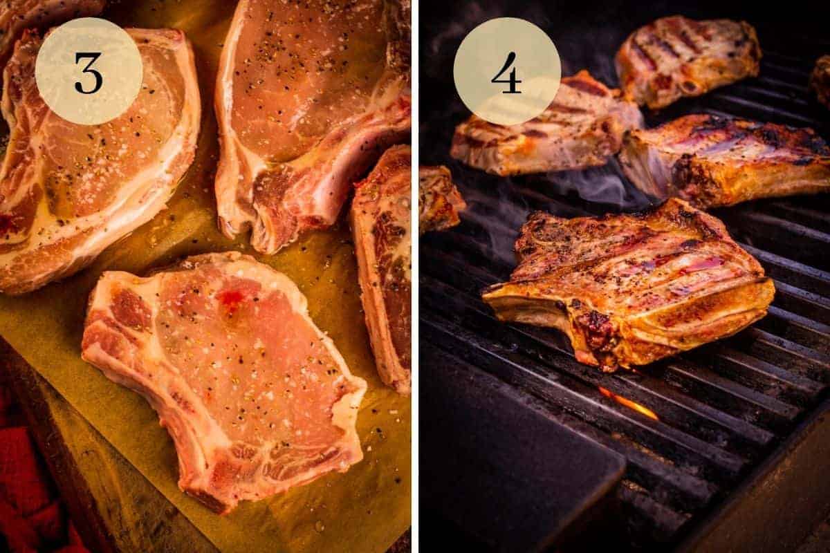 raw pork chops on a sheet pan and then pork chops grilling on a grill