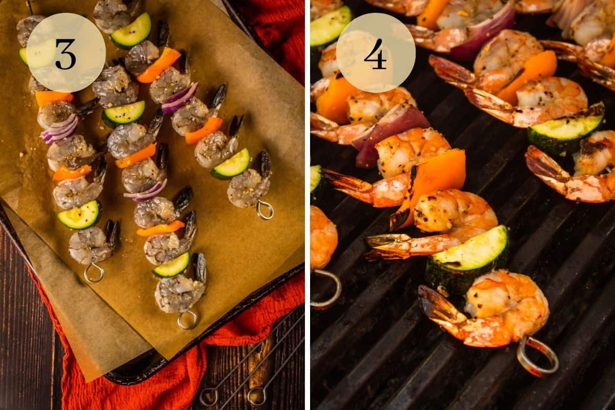 shrimp and vegetables on skewers and kabobs cooking on the grill.
