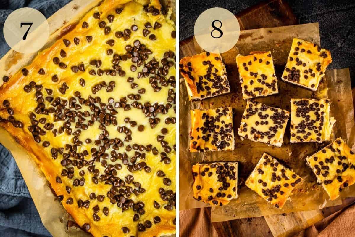 baked cheesecake brownies topped with chocolate chips and brownies cut into 9 squares
