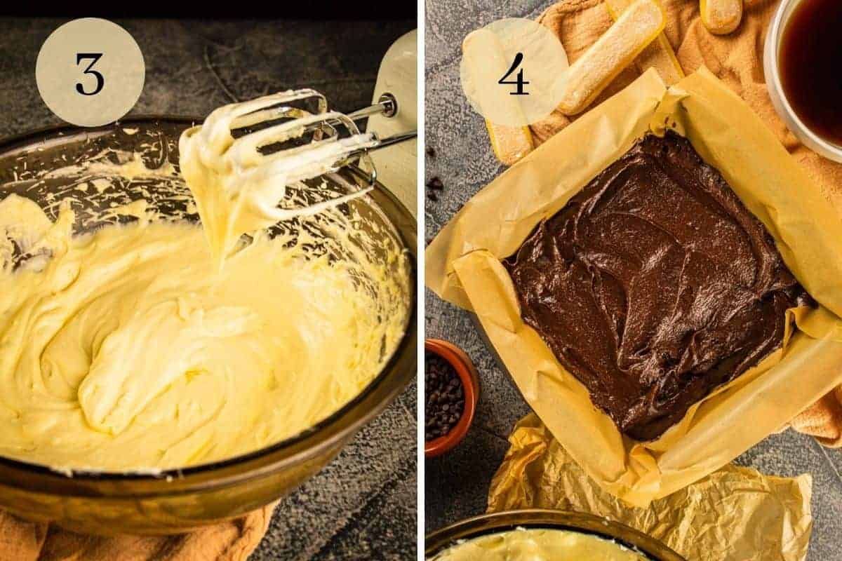 hand mixer next to a mixing bowl filled with cheesecake filling and brownie batter in pan