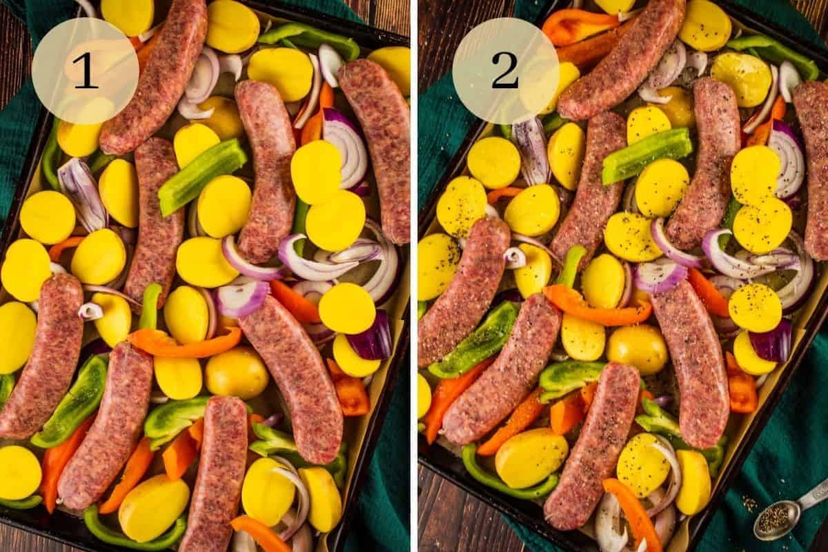 raw sausages, potatoes, peppers and onions on a sheet pan and then sprinkles with salt and pepper