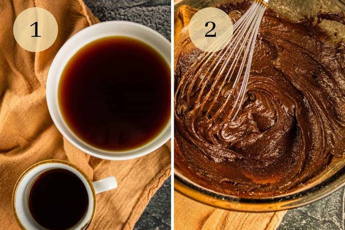 coffee rum liquid in a bowl and whisk mixing brownie batter in a bowl