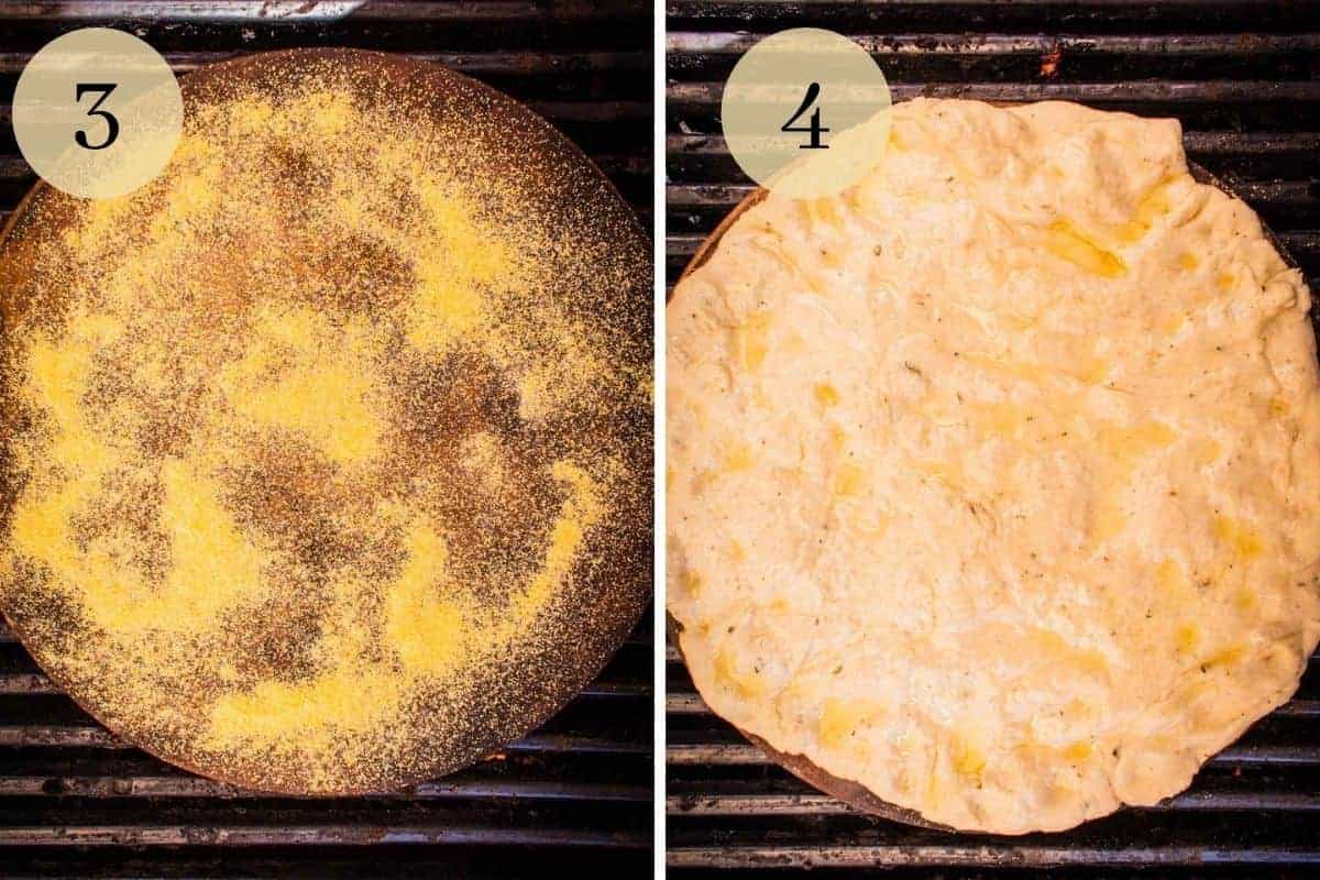 pizza stone topped with cornmeal on a grill and pizza dough on a pizza stone on the grill.