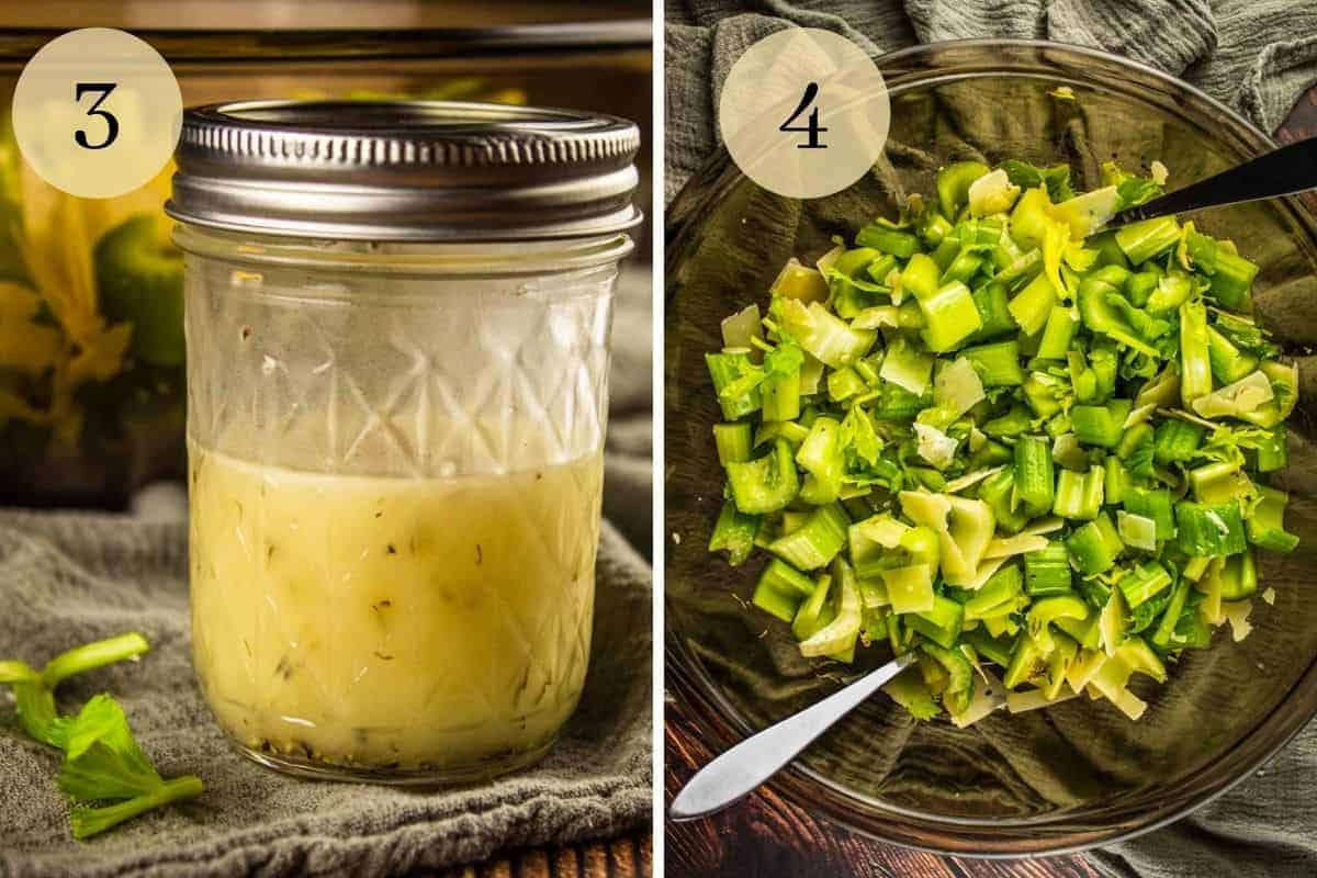 mason jar with lemon dressing and mixing bowl with celery and parmesan.