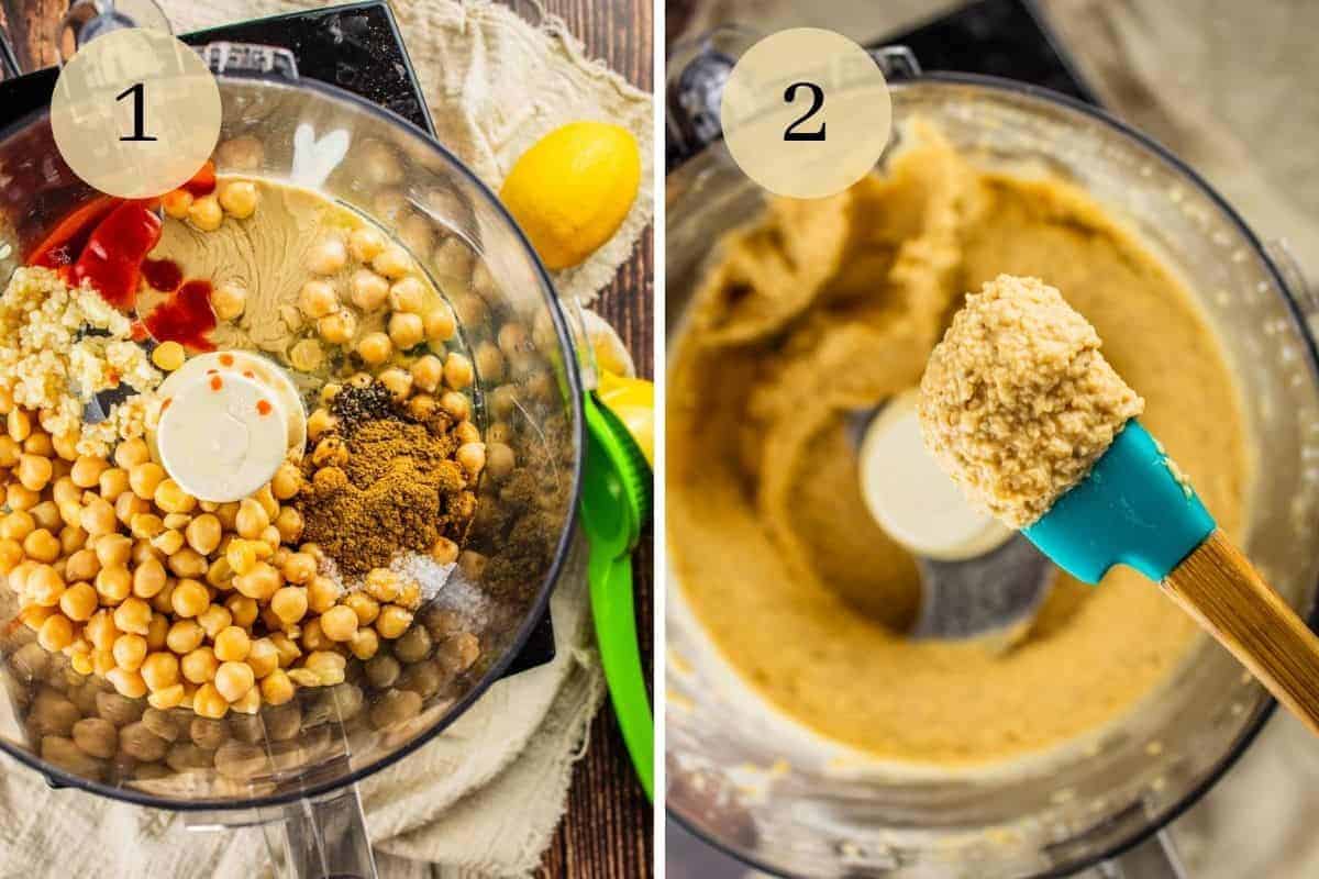 ingredients for hummus in a food processor and pureed hummus on a small spatula 