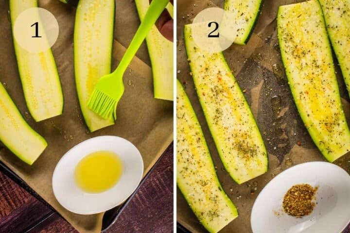brushing oil on zucchini halves and seasoned zucchini halves