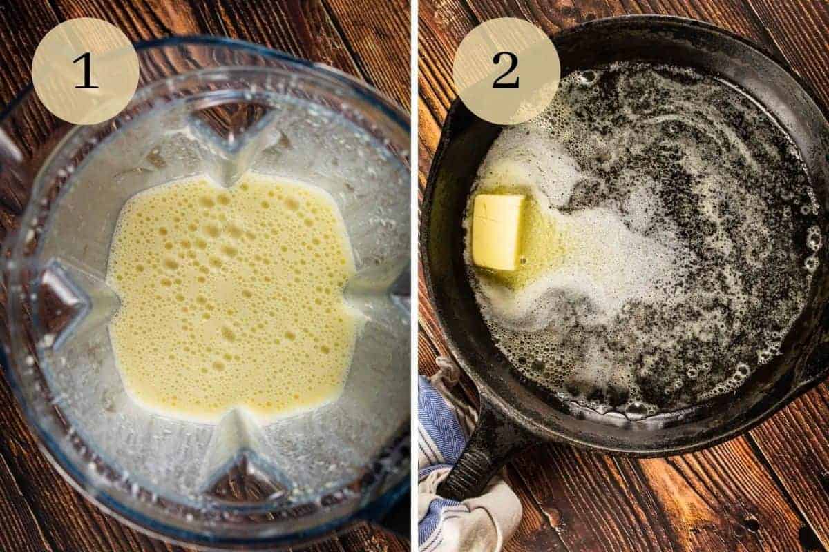 blender with dutch baby batter and skillet with melted butter