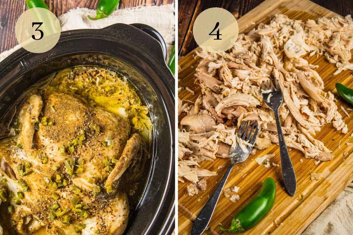 whole cooked chicken in a slow cooker and shredded chicken on a cutting board with forks