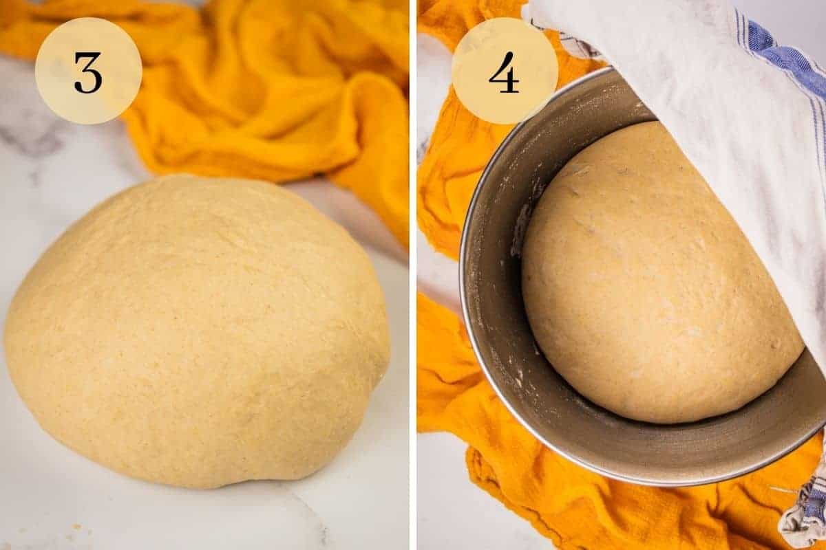 kneaded dough on a white table with a yellow napkin and then rising in a bowl