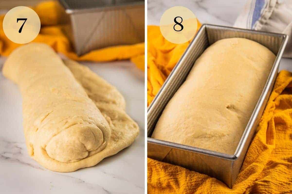 dough rolled in a loaf shape on a table and risen in a metal loaf pan