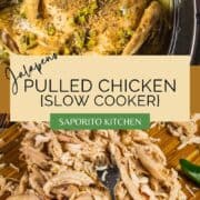 whole chicken cooking in a slow cooker and shredded with two forks