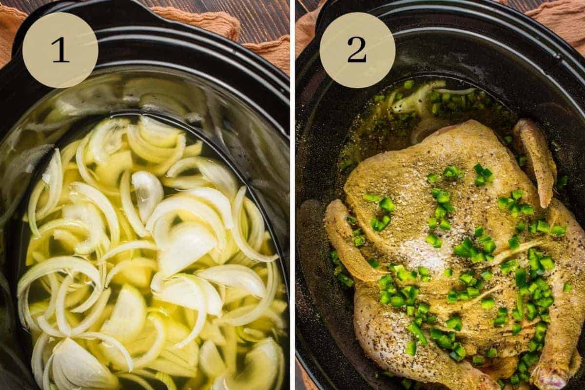 sliced onions and broth in a slow cooker and a whole seasoned chicken with diced jalapenos