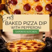 person holding pizza dip with pepperoni