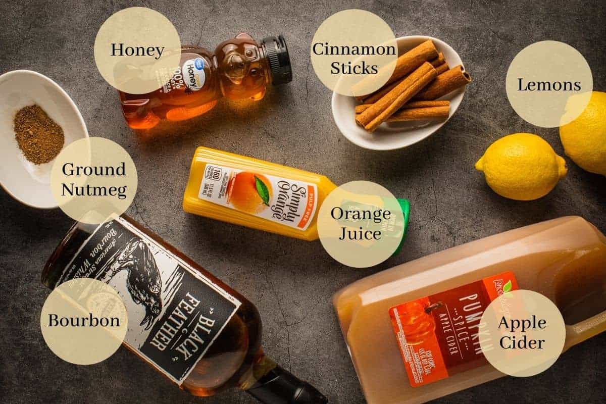 honey, cinnamon sticks, orange juice, apple cider, lemons, ground nutmeg and bourbon