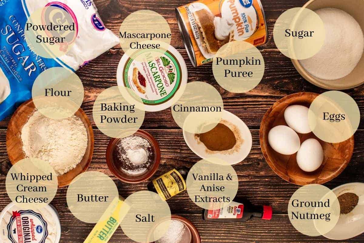 sugars, flour, salt, spices, baking powder, butter, vanilla and anise extract, eggs, pumpkin, salt and cheeses